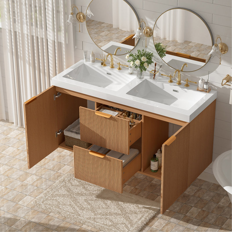 Meuble-lavabo double 47,24 pouces avec comptoir en bois massif, armoire en panneau de fibres à densité moyenne, portes à fermeture en douceur, tiroirs divisés, meuble-lavabo mural moderne