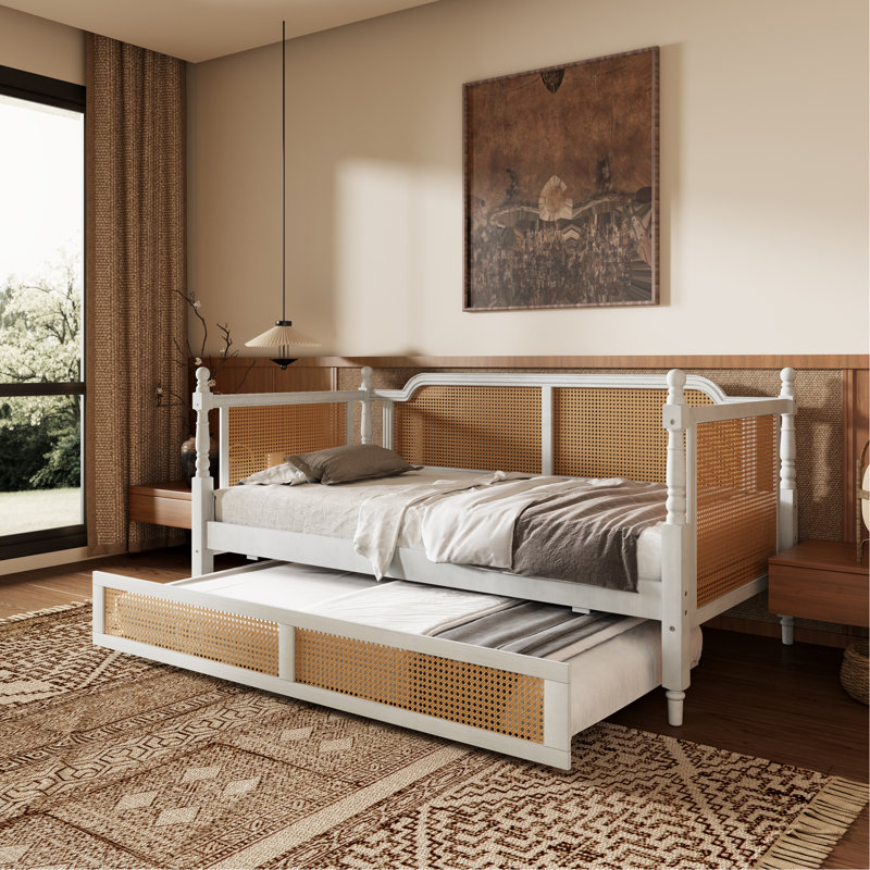 Lit de jour simple en rotin de style traditionnel avec lit gigogne simple pour un espace limité, chambre d'amis, aucun sommier nécessaire, blanc antique
