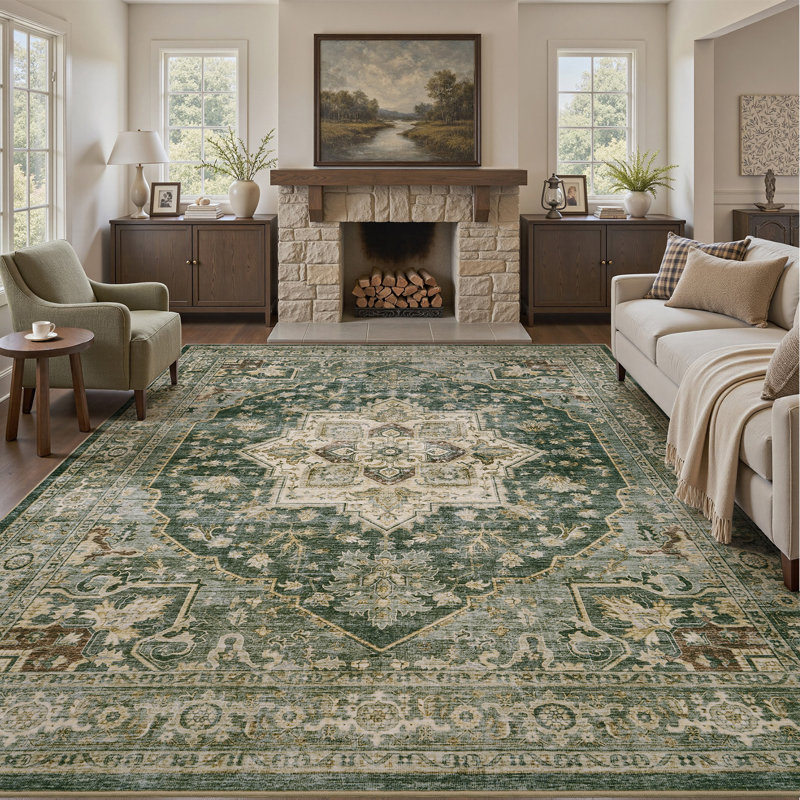Soft Machine Washable Vintage Area Rug For Living Room, Bedroom, Rectangle 8' x 10', Green