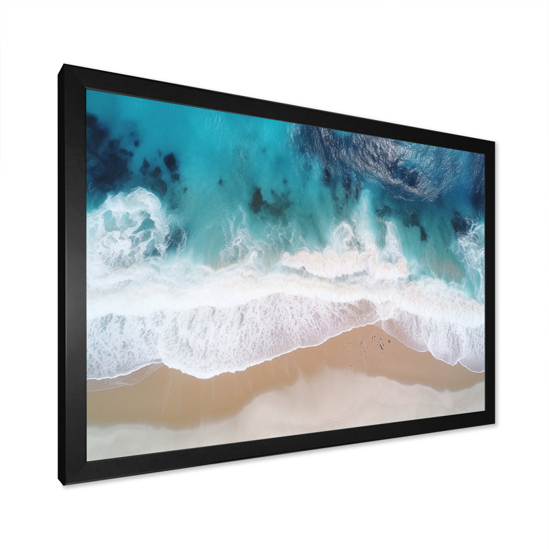 Vagues blanches et bleues vue aérienne II - plage, art mural, Cadre d'angle fermé noir, H 12 po x l 20 po x P 1 po