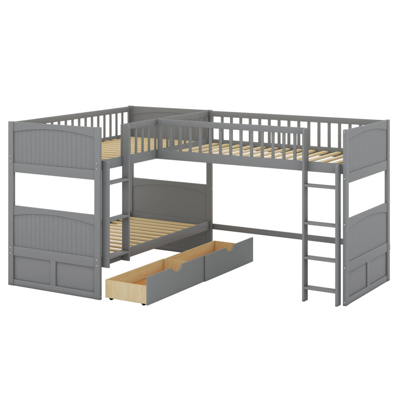 Lit superposé avec lit mezzanine attaché, avec deux tiroirs, Gris
