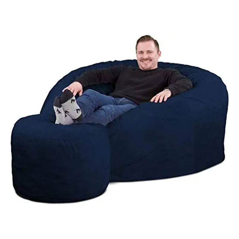 5ft Bean Bag Chair and Footstool, Oversized Lounger, Suede, 34" H x 58" W x 58" D, Navy Suede