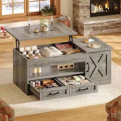 39.4" Lift Top Coffee Table with 2 Drawers and Storage Cabinet, Farmhouse Style for Living Room, Gray