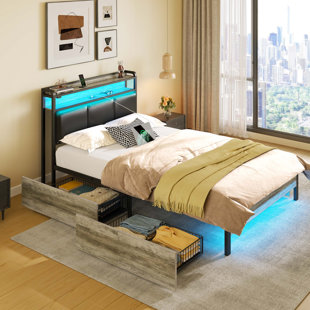 Wenda Bed Frame with Headboard, Upholstered Platform Bed with 4 Drawers, Charging Station&LED Lights
