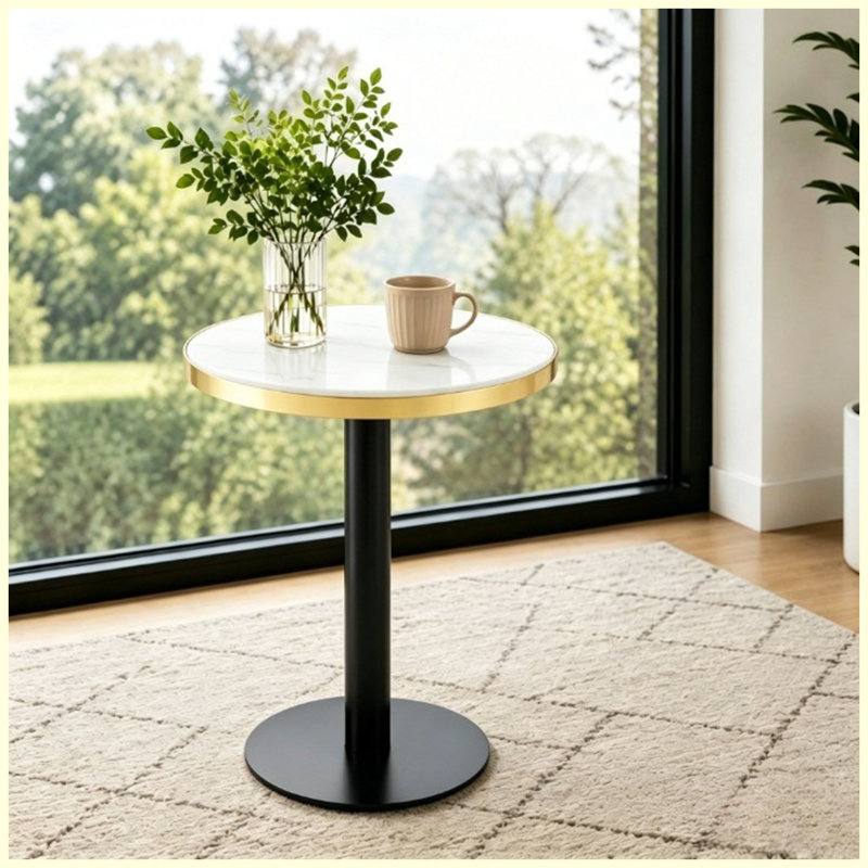 Table basse ronde de luxe moderne 23,6 po, plateau en panneau de fibres à densité moyenne à texture marbrée avec finition peinture UV, bordure en acier inoxydable, pieds en métal, table d'appoint de salon