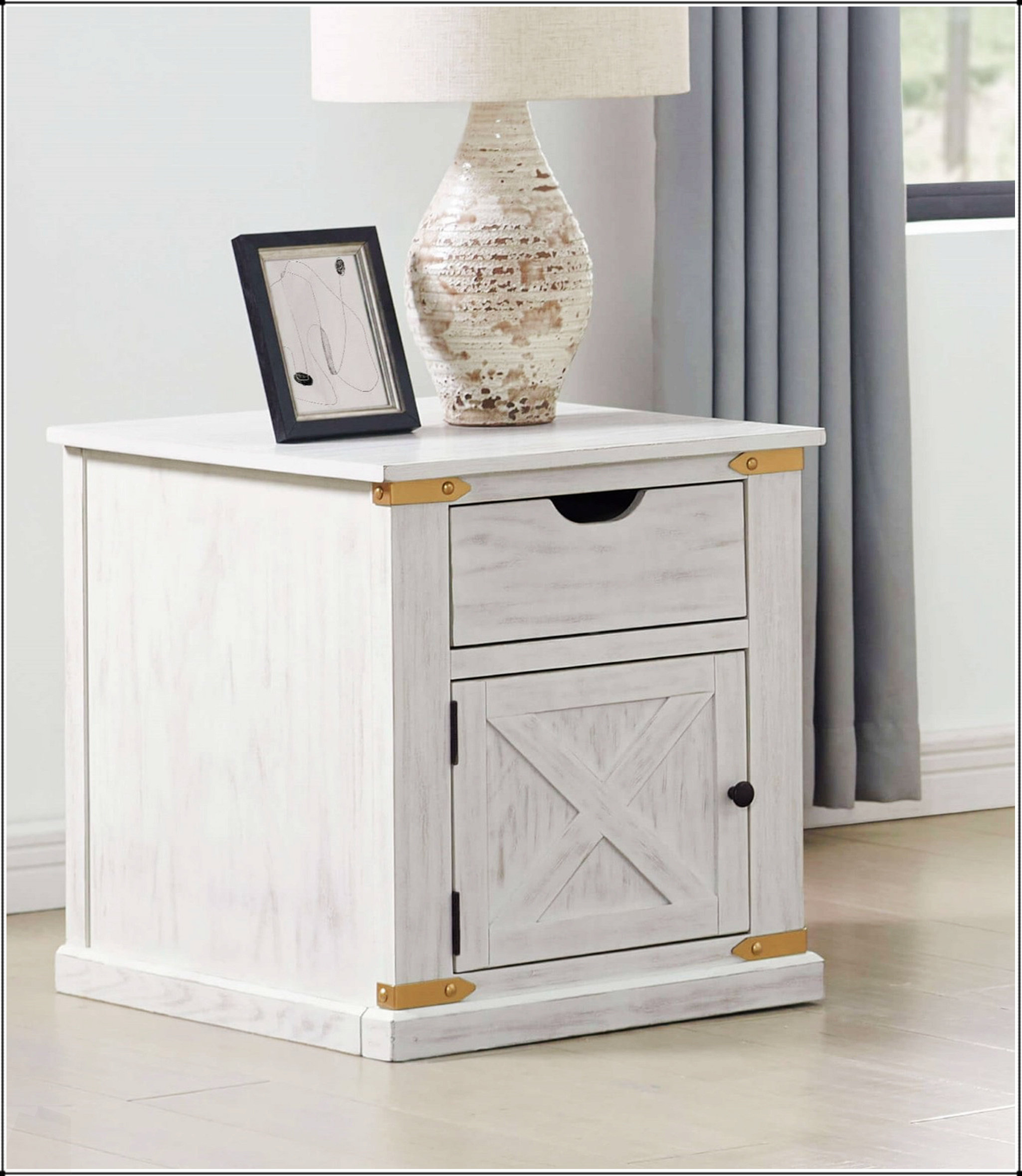 Mercer41 Antique White Accents Rustic Style End Table With Storage ...