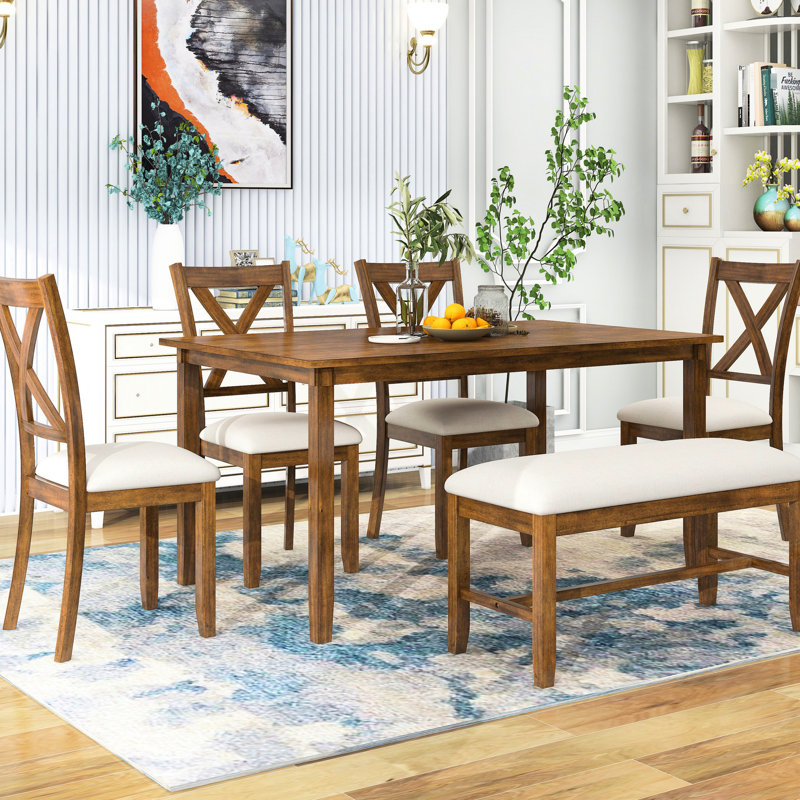 6 tables de salle à manger pour la famille, 4 chaises et banc en cerisier naturel, Cerisier naturel, Cerisier naturel