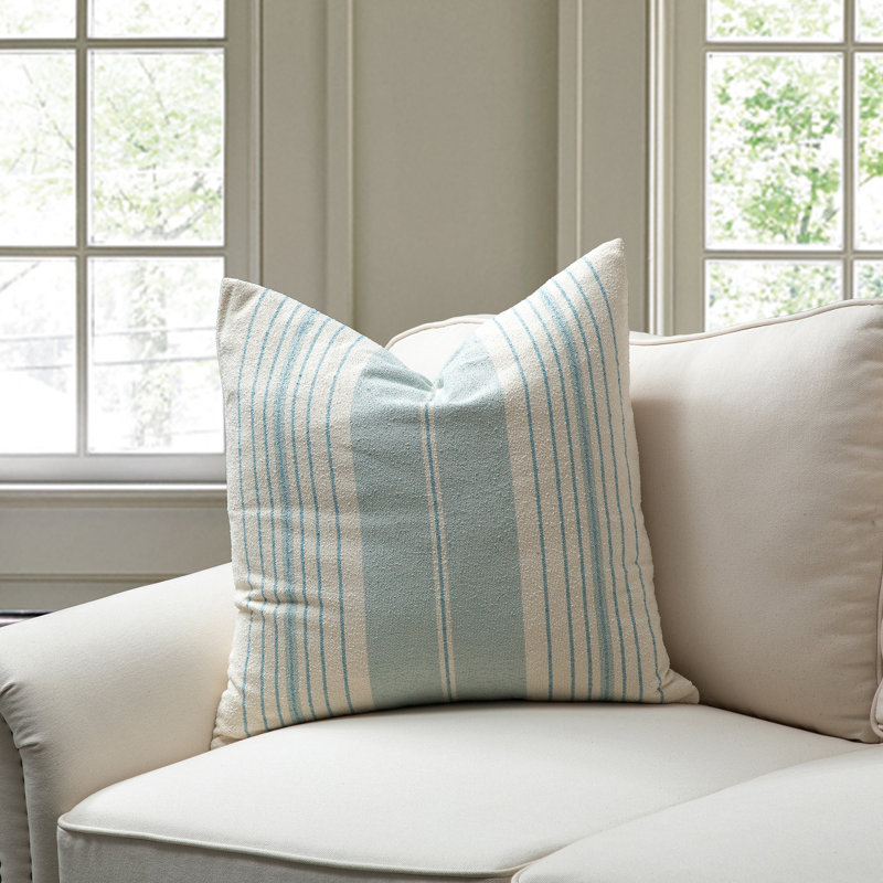 Housse de coussin carré en mélange de coton French Stripe, Bleu mer