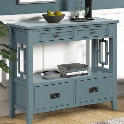 Console bleue avec 4 tiroirs et tablette pour l'ameublement de chambre à coucher 36 po