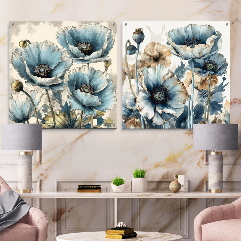 Vibrant bleu blanc pivoine I - pivoines, ensemble de 2 peintures murales en acrylique, H 16 po x l 33 po