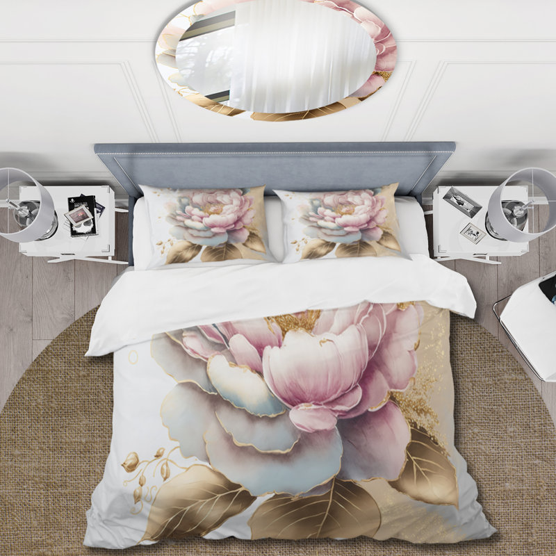 Ensemble de housse de couette camélia floral rose et doré - microfibre de polyester