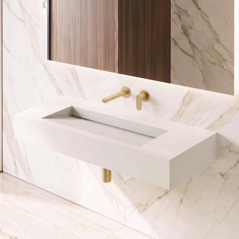 Pyramid 48" Wall Mounted Rectangular Solid Surface Bathroom Sink in Matte Finish, White, No Faucet Hole, White, No Hole