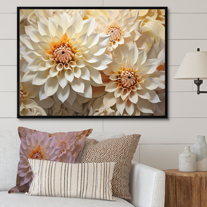Dahlia blanc minimalisme sur toile, H 24 po x l 32 po x P 1 po, Cadre flottant noir