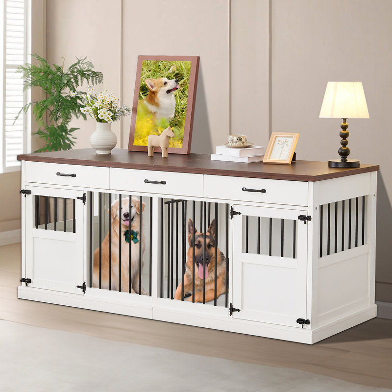 NEBZHASK Meuble pour grand lit double 70,9 po avec séparateur amovible et 3 tiroirs pour 2 chiens de taille moyenne d'intérieur, blanc