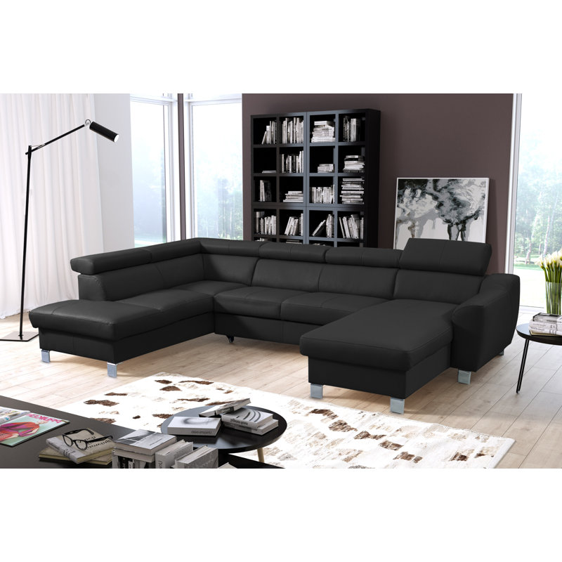 Raedynn Faux Leather Large Corner Sofa with Sleeping Function and Storage Box with Adjustable Headrests , Left Hand Return