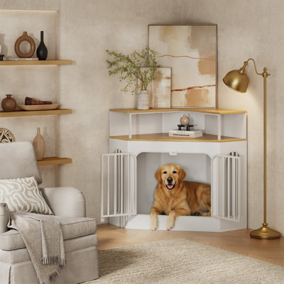 White Corner Dog Crate Furniture with Arched Metal Door, Storage Shelf & Tabletop - Space-Saving Wooden Pet Kennel for Living Room, TV Stand & End Table
