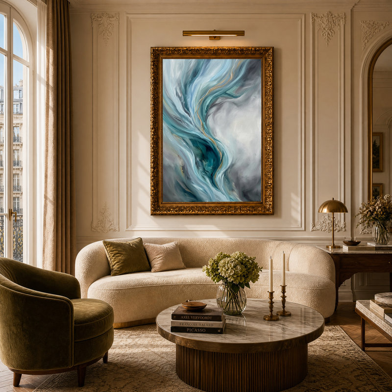 Tableau abstrait tourbillon bleu sarcelle et or sur toile, H 24 po x l 16 po