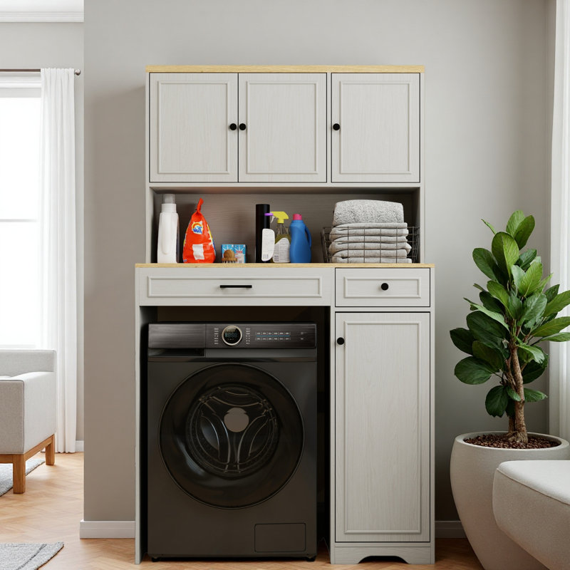 Armoire de rangement au-dessus de la laveuse et de la sécheuse convenant aux machines à laver compactes, organisateur de rangement pour salle de lavage avec 1 panier à linge