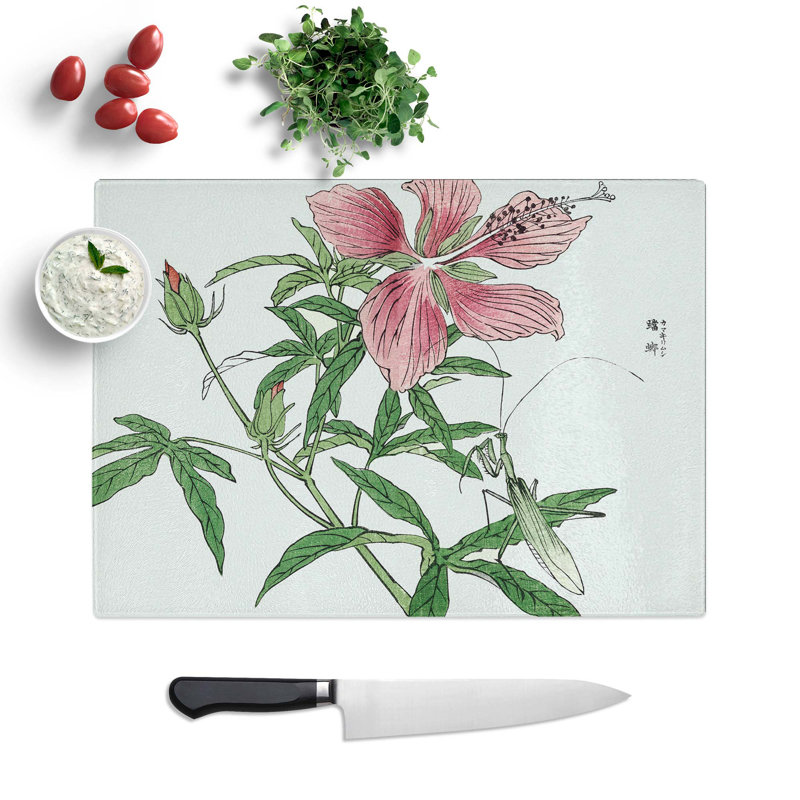 Tempered Glass Praying Mantis and Flower by Morimoto Toko Chopping Board, 28.5 cm W x 20 cm L