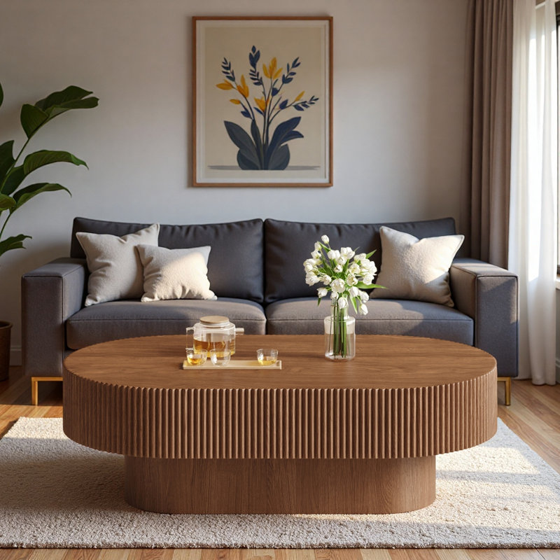 43.3"elegant Oval Coffee Table With Thick Tabletop And Fluted Design