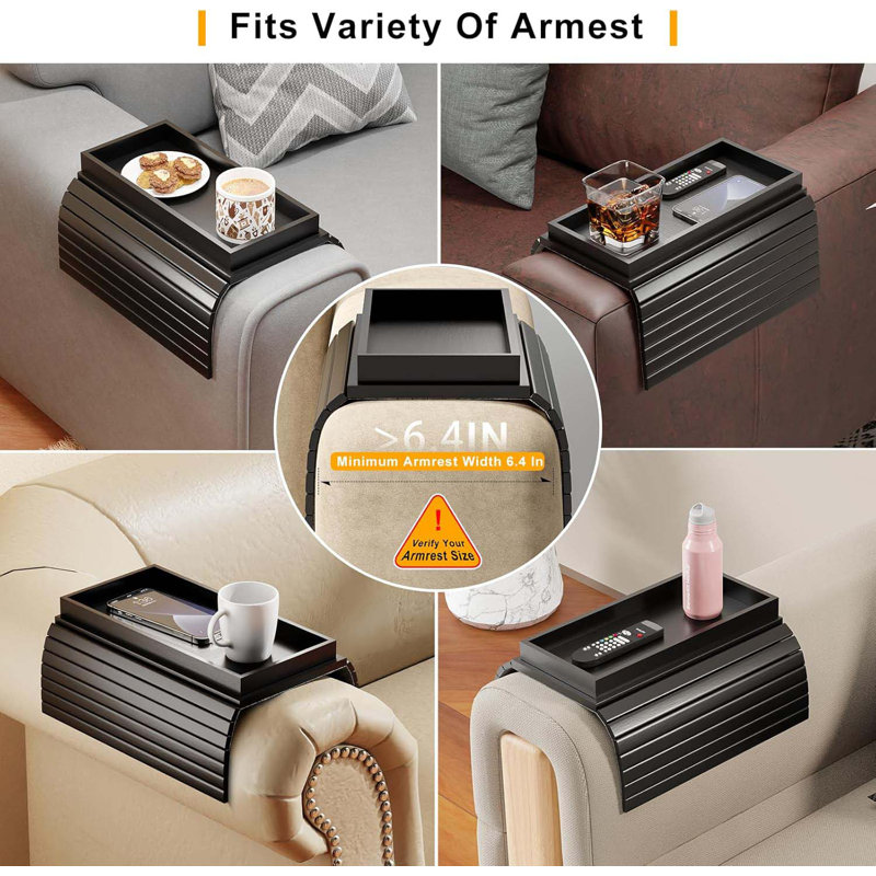 Bamboo Sofa Armrest Tray Table For Couch - 2-In-1 Couch Arm Table With Be Slide Detachable Tray - Anti-Slip Foldable Sofa Armchair Caddy For Drinks Cup Cellphone TV Remote Snacks (Bamboo)