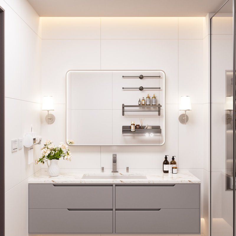 Miroir de salle de bain lumineux en aluminium, 40 po x 30 po, Nickel brossé