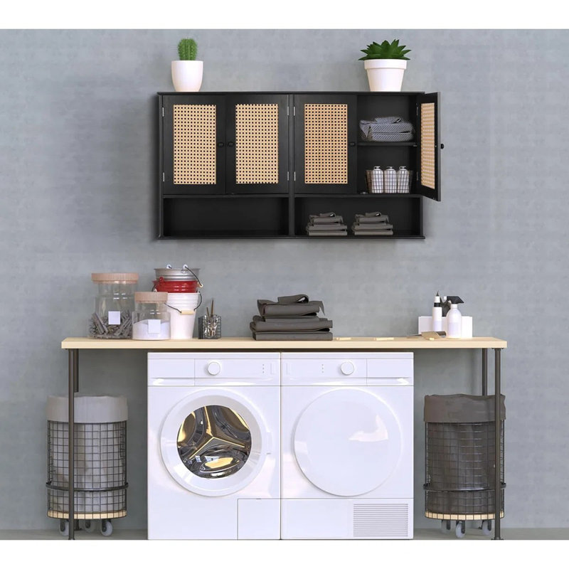 Ahsiah Reettic Rattan Two Door Wall Cabinet, Wooden Medicine Cabinet, Wall Mounted Bathroom Storage Cabinet, Black/Natural