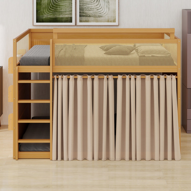 Lit superposé avec tablette de rangement à plusieurs niveaux, rideaux d'intimité et bande lumineuse intégrée pour chambres modernes