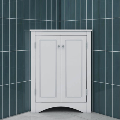 Armoire de coin triangulaire avec tablettes réglables et portes élégantes