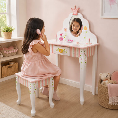 Grande coiffeuse Teamson Kids Princess & Frog Kids, miroir et tabouret, impression rayée avec tiroirs pour le rangement
