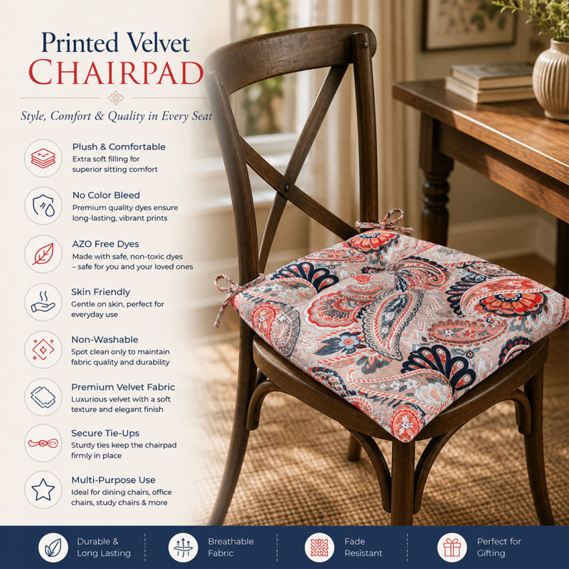 Coussins de chaise en velours 66 x 41 cm avec attaches – Coussins d'assise moelleux pour chaises de salle à manger et de cuisine