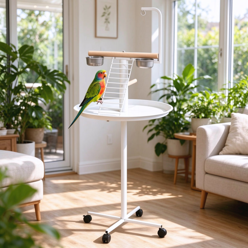 Station d'alimentation pour oiseaux avec roulettes, support de jeu portatif, bols et plateau en acier inoxydable pour l'intérieur et l'extérieur.