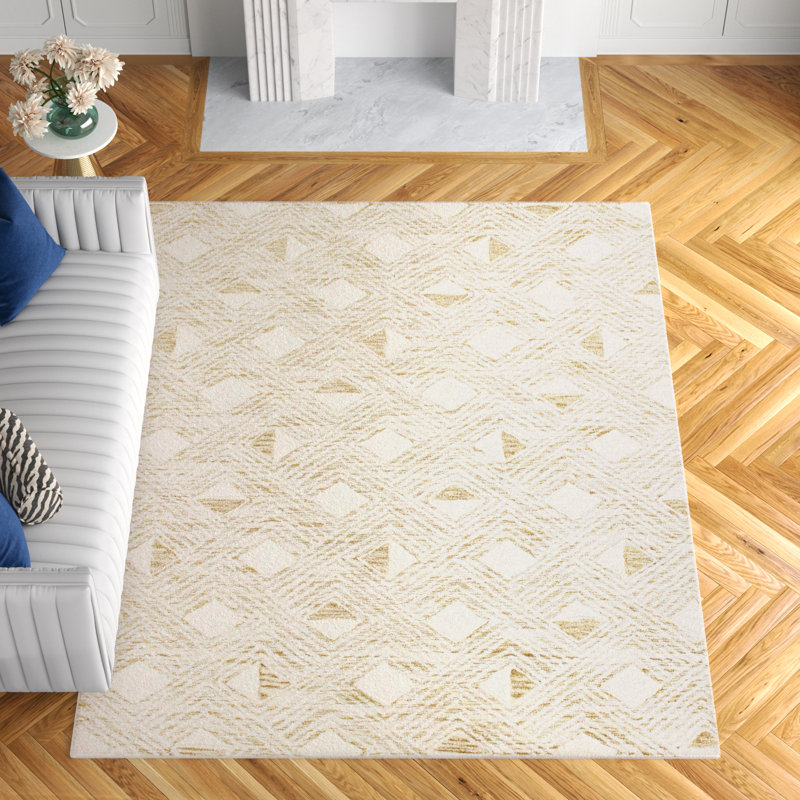 Ivory and Gold Handmade Wool Tufted Rectangular Rug 7'6" x 9'6"