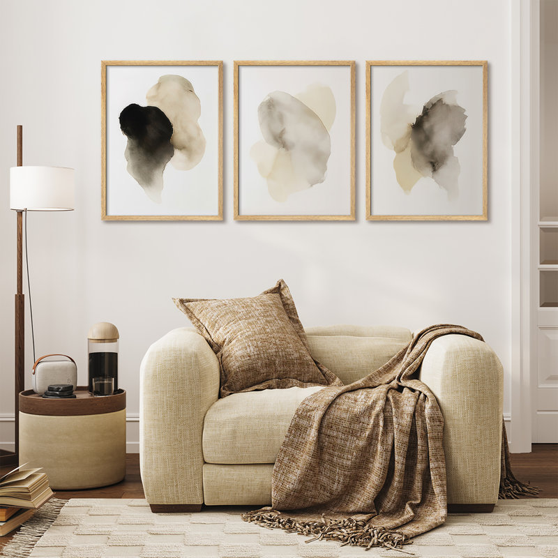 Ensemble de 3 reproductions d'art encadrées délavées à l'encre beige doux pour le couloir de chambre à coucher, Naturel