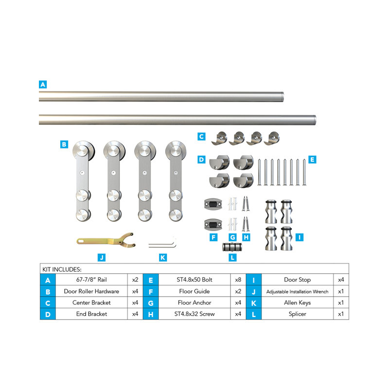 Sliding Rolling Door Hardware Kit for Double Glass Doors w/ Fittings(2-Piece Rails)