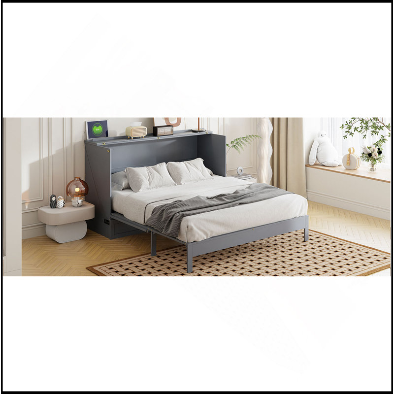 Lit escamotable avec grands tiroirs Murphy, Gris, Grand lit