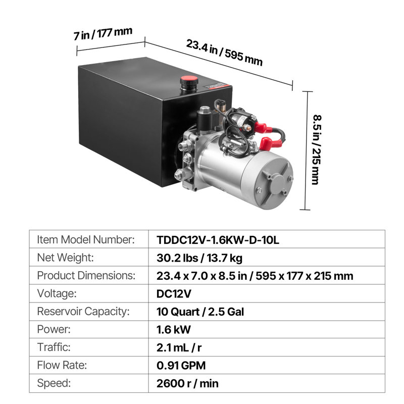 Unité hydraulique de 10 pintes, pompe de remorque à simple effet, pression de surpression maximale de 3200 PSI et débit de 0,91 GPM, pompe hydraulique à courant continu de 12 V avec réservoir en métal pour le levage de la voiture