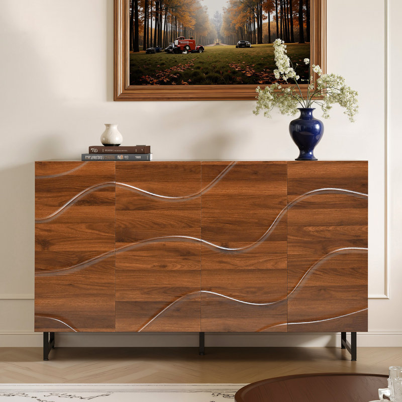 Modern Art Solid Wood Sideboard,59*16*35inch, Wave Relief Design, Walnut Texture, Iron Legs, Living Room Storage Cabinet