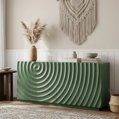 59" Mid-Century Modern Green Sideboard Cabinet with 4 Spiral-Textured Doors and Wood Frame