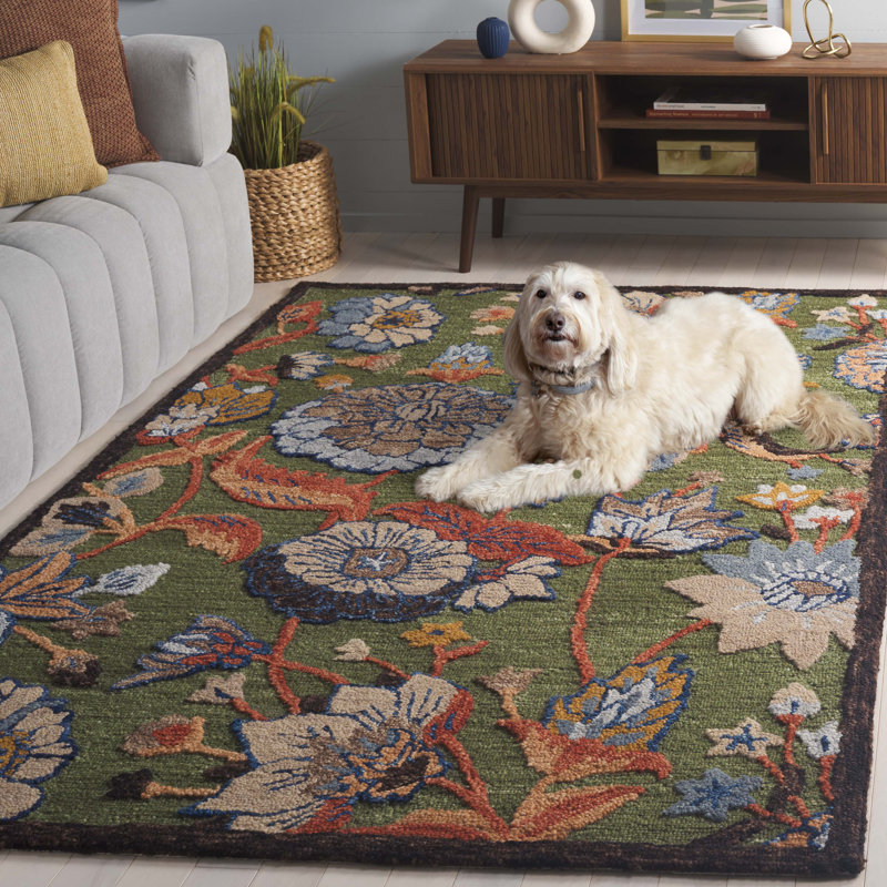 Tapis vert / bleu en laine / coton touffeté à la main Anacecilia 759, Rectangle 5 pi x 8 pi