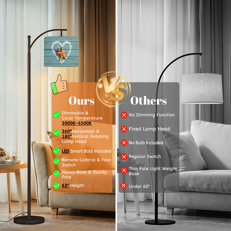 Lampe sur pied à arc avec abat-jour réglable en forme de cœur étoile de mer Seashell Lampe sur pied en bois bord de mer 3 températures de couleur Lampe à mât haut avec interrupteur au pied pour la chambre à coucher