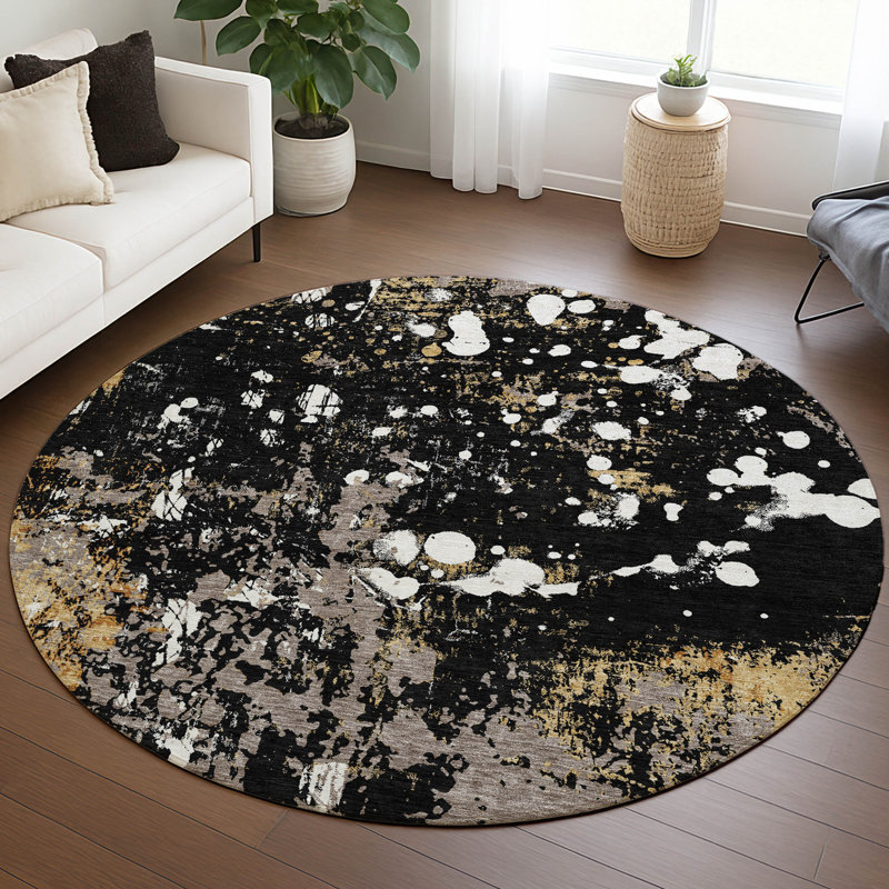 Machine Washable Indoor/Outdoor Chantille ACN2679 Abstract Rug, 8' Round, Black