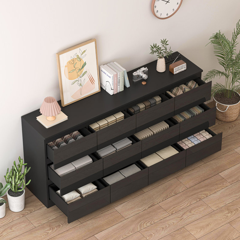 70 Inch 9 Drawers Dresser With Power Outlet, Wide High Gloss Chest Of Drawers Large, Modern Storage Drawer Dresser For Bedroom