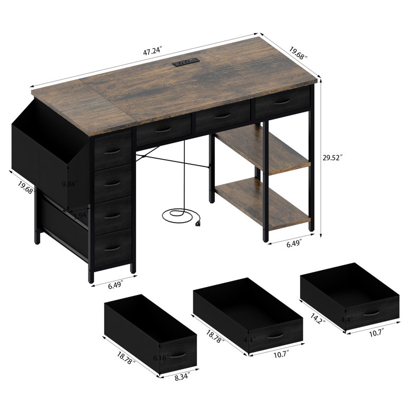 47" Computer Desk With Power Outlet,Writing Desk With 7 Fabric Drawers,Vanity Table Drawers And Large Side Pocket