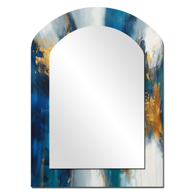 Deep Knowing Abstract In Royal Blue And Gold IV - Abstract Painting Arch Unique Wall Mirror Decor, Gold Asymmetrical Large Mirror, Printed Metal Art