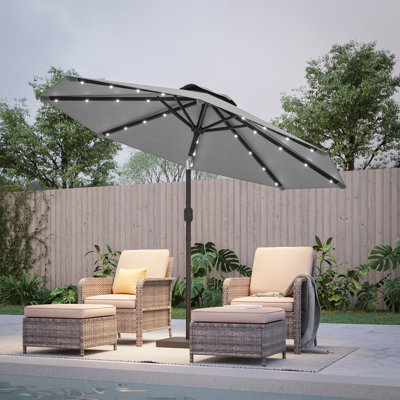 Parasol de marché 9 pi avec lumières DEL, cadre de table résistant aux intempéries