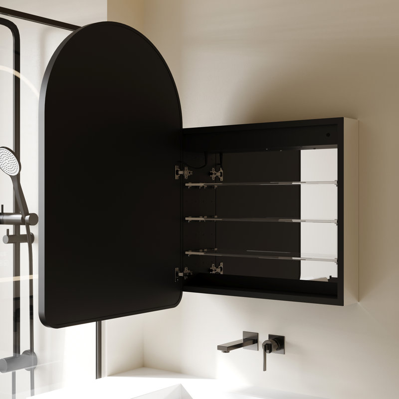 Chord Miroir de Salle de Bain DEL Arqué 24 po x 36 po avec Cadre d'Aluminium Noir Mat - Miroir Intelligent Anti-Buée avec 3 Températures de Couleur (3000K-6000K), Prises USB/ Électriques, Miroir Latéral Amovible et Options de Montage Double