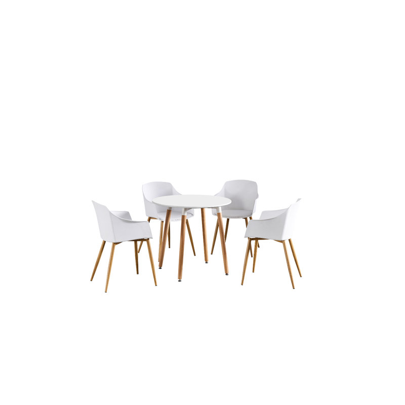 Topsham 4 Person Dining set - a Round Plastic Dining Table with Wooden Legs and a Set of 4 Faux Leather Cushion Padded Dining Chairs for Dining Room - Modern Dining Table Set