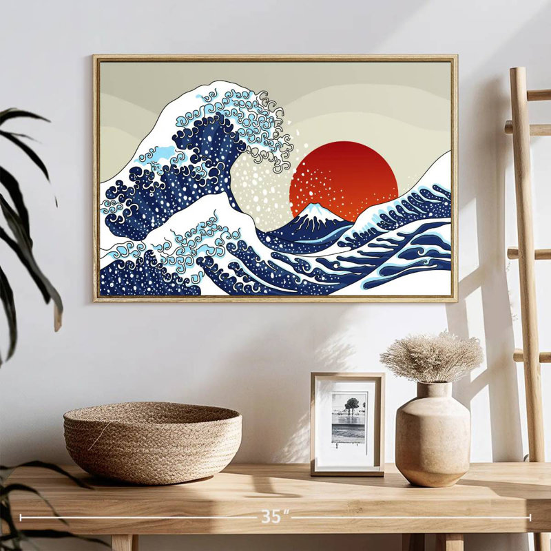 Vague asiatique, 25 po x 17 po, Cadre flottant en bois naturel