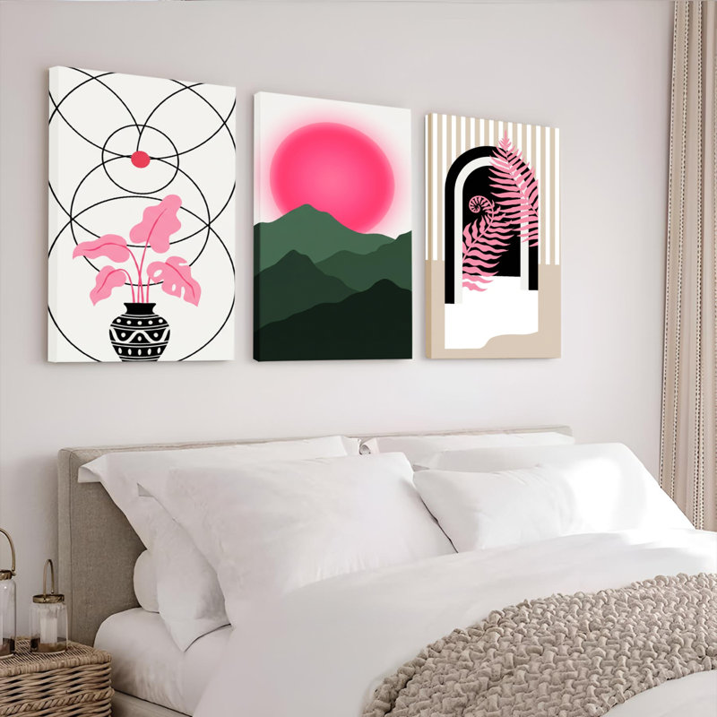 Ensemble de 3 toiles murales géométriques représentant des plantes et un coucher de soleil sur les montagnes, pour la décoration du salon et de la chambre.